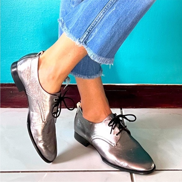 RAG & BONE Audrey Pewter Metallic Silver Preppy Lace Up Oxfords - Picture 1 of 12
